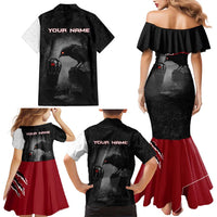 Personalized Raven Billiards Family Matching Mermaid Dress and Hawaiian Shirt with Dark Cemetery Scene and Red Eye Crow Artwork - Wonder Print Shop