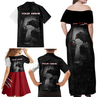 Personalized Raven Billiards Family Matching Off Shoulder Maxi Dress and Hawaiian Shirt with Dark Cemetery Scene and Red Eye Crow Artwork - Wonder Print Shop