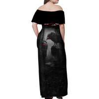 Personalized Raven Billiards Family Matching Off Shoulder Maxi Dress and Hawaiian Shirt with Dark Cemetery Scene and Red Eye Crow Artwork - Wonder Print Shop