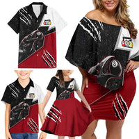 Personalized Raven Billiards Family Matching Off Shoulder Short Dress and Hawaiian Shirt with Dark Cemetery Scene and Red Eye Crow Artwork - Wonder Print Shop