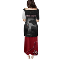 Personalized Raven Billiards Family Matching Puletasi and Hawaiian Shirt with Dark Cemetery Scene and Red Eye Crow Artwork - Wonder Print Shop