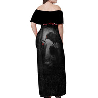 Personalized Raven Billiards Off Shoulder Maxi Dress with Dark Cemetery Scene and Red Eye Crow Artwork - Wonder Print Shop