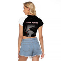 Personalized Raven Billiards Raglan Cropped T Shirt with Dark Cemetery Scene and Red Eye Crow Artwork - Wonder Print Shop