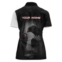 Personalized Raven Billiards Women Polo Shirt with Dark Cemetery Scene and Red Eye Crow Artwork - Wonder Print Shop