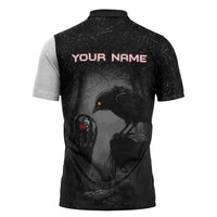 Personalized Raven Billiards Zipper Polo Shirt with Dark Cemetery Scene and Red Eye Crow Artwork - Wonder Print Shop