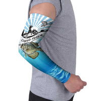 Personalized Crappie Fishing Arm Sleeves with Lake Water Splash Scene and Sunrise Silhouette Angler Design - Wonder Print Shop