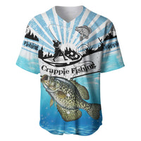 Personalized Crappie Fishing Baseball Jersey with Lake Water Splash Scene and Sunrise Silhouette Angler Design - Wonder Print Shop