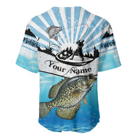 Personalized Crappie Fishing Baseball Jersey with Lake Water Splash Scene and Sunrise Silhouette Angler Design - Wonder Print Shop