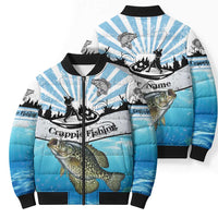 Personalized Crappie Fishing Bomber Puffer Jacket with Lake Water Splash Scene and Sunrise Silhouette Angler Design - Wonder Print Shop