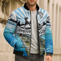 Personalized Crappie Fishing Bomber Puffer Jacket with Lake Water Splash Scene and Sunrise Silhouette Angler Design - Wonder Print Shop