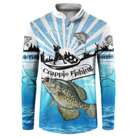 Personalized Crappie Fishing Button Sweatshirt with Lake Water Splash Scene and Sunrise Silhouette Angler Design - Wonder Print Shop