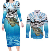 Personalized Crappie Fishing Couples Matching Long Sleeve Bodycon Dress and Long Sleeve Button Shirt with Lake Water Splash Scene and Sunrise Silhouette Angler Design - Wonder Print Shop