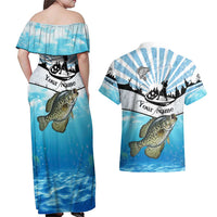 Personalized Crappie Fishing Couples Matching Off Shoulder Maxi Dress and Hawaiian Shirt with Lake Water Splash Scene and Sunrise Silhouette Angler Design - Wonder Print Shop