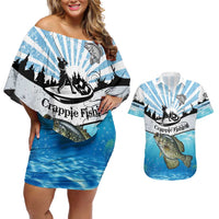 Personalized Crappie Fishing Couples Matching Off Shoulder Short Dress and Hawaiian Shirt with Lake Water Splash Scene and Sunrise Silhouette Angler Design - Wonder Print Shop