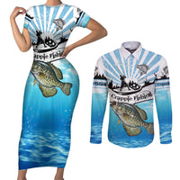 Personalized Crappie Fishing Couples Matching Short Sleeve Bodycon Dress and Long Sleeve Button Shirt with Lake Water Splash Scene and Sunrise Silhouette Angler Design - Wonder Print Shop