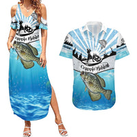 Personalized Crappie Fishing Couples Matching Summer Maxi Dress and Hawaiian Shirt with Lake Water Splash Scene and Sunrise Silhouette Angler Design - Wonder Print Shop
