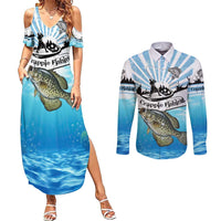 Personalized Crappie Fishing Couples Matching Summer Maxi Dress and Long Sleeve Button Shirt with Lake Water Splash Scene and Sunrise Silhouette Angler Design - Wonder Print Shop