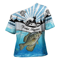 Personalized Crappie Fishing Cross Shoulder Shirt with Lake Water Splash Scene and Sunrise Silhouette Angler Design - Wonder Print Shop