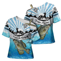 Personalized Crappie Fishing Cross Shoulder Shirt with Lake Water Splash Scene and Sunrise Silhouette Angler Design - Wonder Print Shop