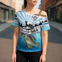Personalized Crappie Fishing Cross Shoulder Shirt with Lake Water Splash Scene and Sunrise Silhouette Angler Design - Wonder Print Shop