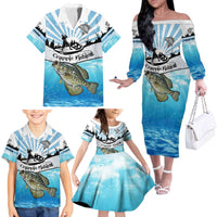 Personalized Crappie Fishing Family Matching Off The Shoulder Long Sleeve Dress and Hawaiian Shirt with Lake Water Splash Scene and Sunrise Silhouette Angler Design - Wonder Print Shop