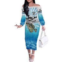 Personalized Crappie Fishing Family Matching Off The Shoulder Long Sleeve Dress and Hawaiian Shirt with Lake Water Splash Scene and Sunrise Silhouette Angler Design - Wonder Print Shop