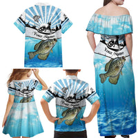 Personalized Crappie Fishing Family Matching Off Shoulder Maxi Dress and Hawaiian Shirt with Lake Water Splash Scene and Sunrise Silhouette Angler Design - Wonder Print Shop