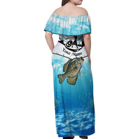 Personalized Crappie Fishing Family Matching Off Shoulder Maxi Dress and Hawaiian Shirt with Lake Water Splash Scene and Sunrise Silhouette Angler Design - Wonder Print Shop