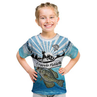 Personalized Crappie Fishing Kid T Shirt with Lake Water Splash Scene and Sunrise Silhouette Angler Design - Wonder Print Shop