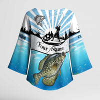 Personalized Crappie Fishing Kimono Sleeve Blouse with Lake Water Splash Scene and Sunrise Silhouette Angler Design - Wonder Print Shop