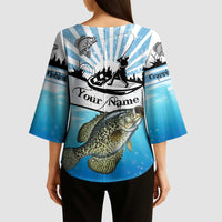 Personalized Crappie Fishing Kimono Sleeve Blouse with Lake Water Splash Scene and Sunrise Silhouette Angler Design - Wonder Print Shop