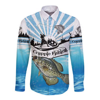 Personalized Crappie Fishing Long Sleeve Button Shirt with Lake Water Splash Scene and Sunrise Silhouette Angler Design - Wonder Print Shop
