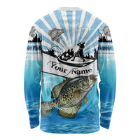 Personalized Crappie Fishing Long Sleeve Shirt with Lake Water Splash Scene and Sunrise Silhouette Angler Design - Wonder Print Shop