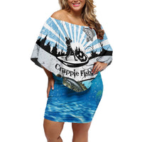 Personalized Crappie Fishing Off Shoulder Short Dress with Lake Water Splash Scene and Sunrise Silhouette Angler Design - Wonder Print Shop