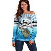 Personalized Crappie Fishing Off Shoulder Sweater with Lake Water Splash Scene and Sunrise Silhouette Angler Design - Wonder Print Shop