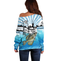 Personalized Crappie Fishing Off Shoulder Sweater with Lake Water Splash Scene and Sunrise Silhouette Angler Design - Wonder Print Shop
