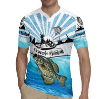 Personalized Crappie Fishing Rugby Jersey with Lake Water Splash Scene and Sunrise Silhouette Angler Design - Wonder Print Shop
