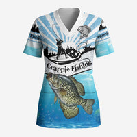 Personalized Crappie Fishing Scrub Top with Lake Water Splash Scene and Sunrise Silhouette Angler Design - Wonder Print Shop