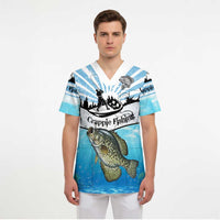 Personalized Crappie Fishing Scrub Top with Lake Water Splash Scene and Sunrise Silhouette Angler Design - Wonder Print Shop