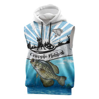 Personalized Crappie Fishing Sleeveless Hoodie with Lake Water Splash Scene and Sunrise Silhouette Angler Design - Wonder Print Shop