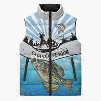 Personalized Crappie Fishing Sleeveless Puffer Jacket with Lake Water Splash Scene and Sunrise Silhouette Angler Design - Wonder Print Shop