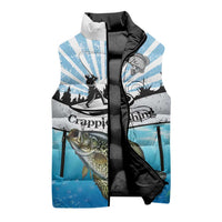 Personalized Crappie Fishing Sleeveless Puffer Jacket with Lake Water Splash Scene and Sunrise Silhouette Angler Design - Wonder Print Shop
