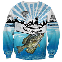 Personalized Crappie Fishing Sweatshirt with Lake Water Splash Scene and Sunrise Silhouette Angler Design - Wonder Print Shop