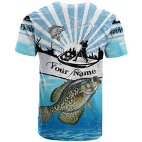 Personalized Crappie Fishing T Shirt with Lake Water Splash Scene and Sunrise Silhouette Angler Design - Wonder Print Shop