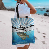 Personalized Crappie Fishing Tote Bag with Lake Water Splash Scene and Sunrise Silhouette Angler Design - Wonder Print Shop