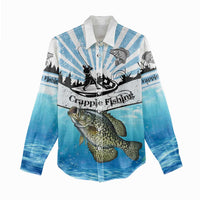 Personalized Crappie Fishing Women Casual Shirt with Lake Water Splash Scene and Sunrise Silhouette Angler Design - Wonder Print Shop