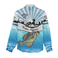 Personalized Crappie Fishing Women Casual Shirt with Lake Water Splash Scene and Sunrise Silhouette Angler Design - Wonder Print Shop