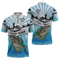 Personalized Crappie Fishing Zipper Polo Shirt with Lake Water Splash Scene and Sunrise Silhouette Angler Design - Wonder Print Shop