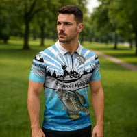 Personalized Crappie Fishing Zipper Polo Shirt with Lake Water Splash Scene and Sunrise Silhouette Angler Design - Wonder Print Shop