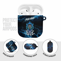 Personalized Bowling Skull AirPods Case with Blue Flame Energy and Electric Lightning Strike Pattern - Wonder Print Shop
